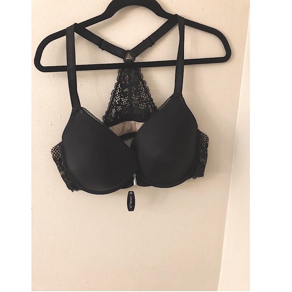 NEW Adore Me Satin Black Cream Lace RacerBack Front Closure Vest style Bra 34B